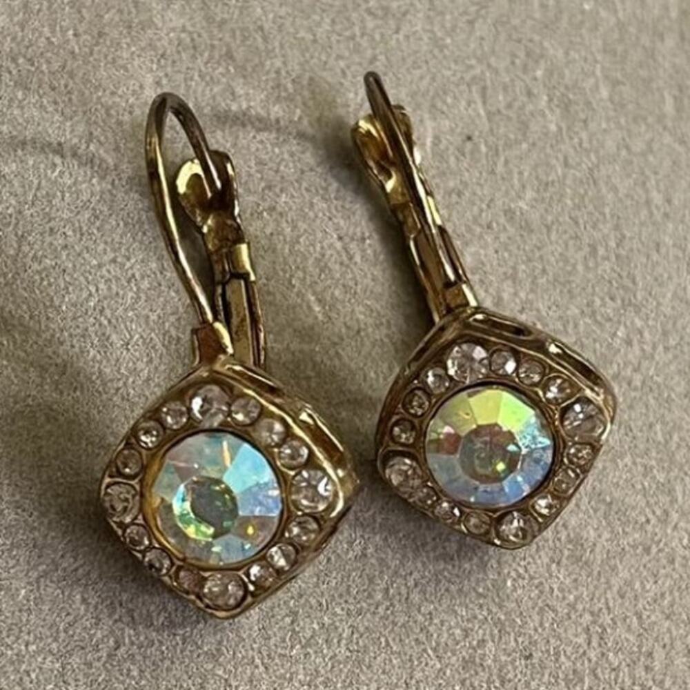 Aurora Borealis Rhinestone Leverback Earrings Gold Vintage Glam Ethereal Fairy